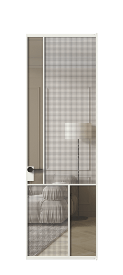 Межкомнатная дверь Mosaic АЛПЛ041.20 Алюминий светло-серый Декоративное стекло с сеткой "Mesh silver", триплекс, 6 мм + Прозрачное бронзовое стекло, триплекс Цена 145830 ₽ | Volhovec