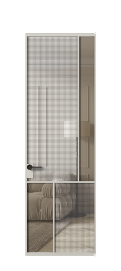 Межкомнатная дверь Mosaic АЛПЛ041.21 Алюминий тёплый серый Декоративное стекло с сеткой "Mesh silver", триплекс, 6 мм + Прозрачное бронзовое стекло, триплекс Цена 145830 ₽ | Volhovec