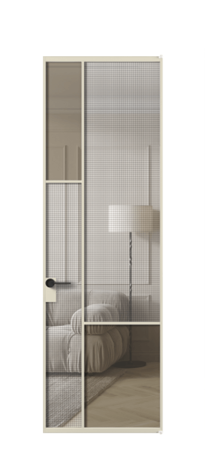 Межкомнатная дверь Mosaic АЛПЛ041.13 Алюминий бежево-серый Декоративное стекло с сеткой "Mesh silver", триплекс, 6 мм + Прозрачное бронзовое стекло, триплекс Цена 145830 ₽ | Volhovec