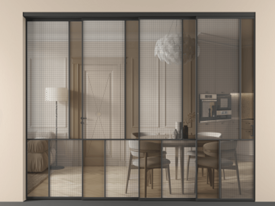 Перегородка Mosaic внутри проёма 4 створки с синхронным механизмом АЛПР 041.21 Алюминий Черный Декоративное стекло с сеткой "Mesh silver", триплекс, 6 мм + Прозрачное бронзовое стекло, триплекс Цена 642470 ₽ | Volhovec