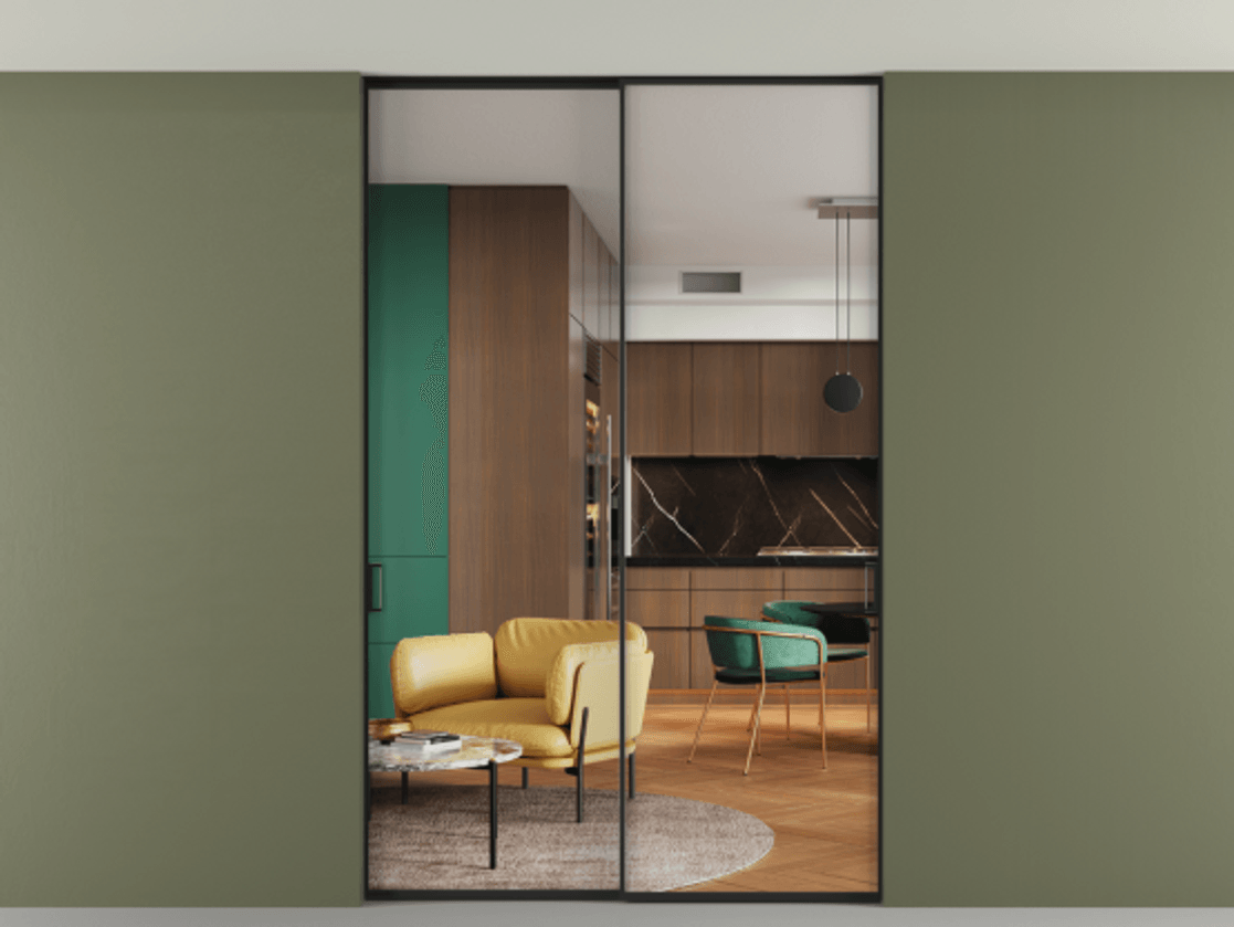 Перегородка Formato внутри проёма скрытое крепление в потолок 2 створки АЛПР 040.01 Алюминий Черный Прозрачное стекло "Crystal Vision", калёное Цена 314780 ₽ | Volhovec