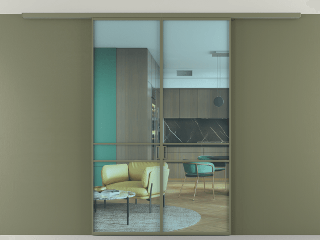 Перегородка Formato вдоль стены на потолок 2 створки АЛПР 040.02 Алюминий оливковый тёмный Прозрачное голубое стекло, триплекс Цена 205280 ₽ | Volhovec