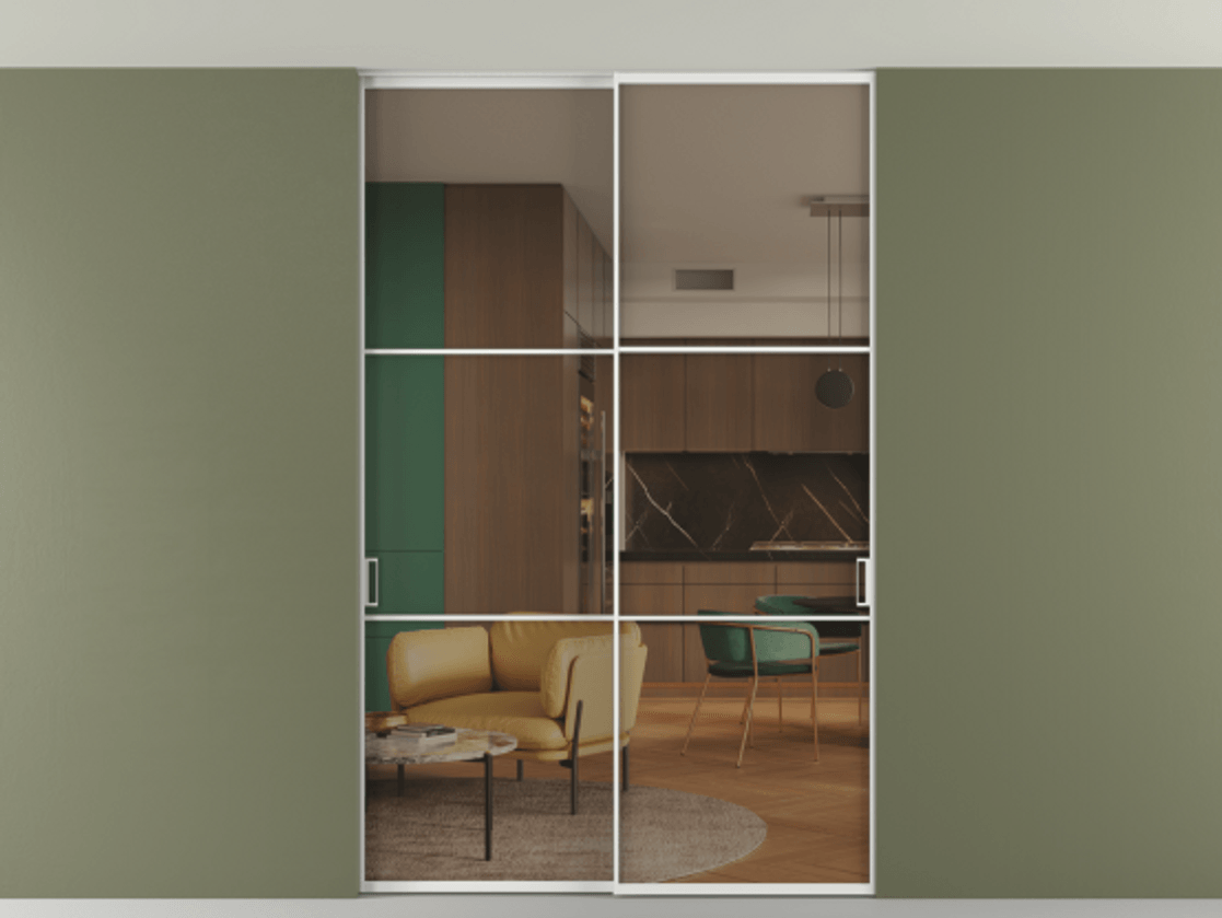 Перегородка Формато внутри проёма скрытое крепление в потолок 2 створки АЛПР 040.03 Алюминий белоснежный Прозрачное бронзовое стекло, триплекс Цена 282120 ₽ | Volhovec