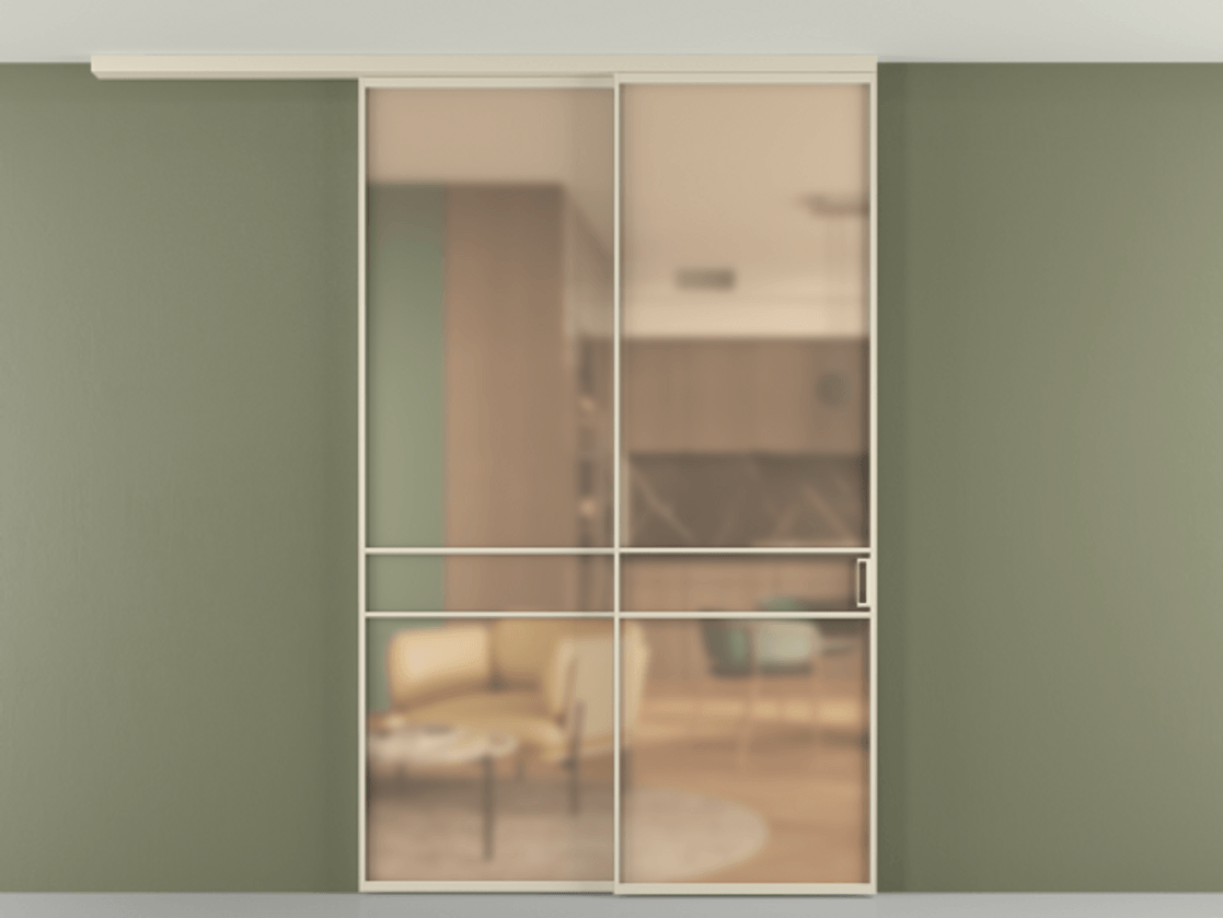 Перегородка Formato вдоль стены на потолок 2 створки с синхронным механизмом АЛПР 040.02 Алюминий бежево-серый Сатинированное оранжевое стекло, триплекс Цена 305770 ₽ | Volhovec