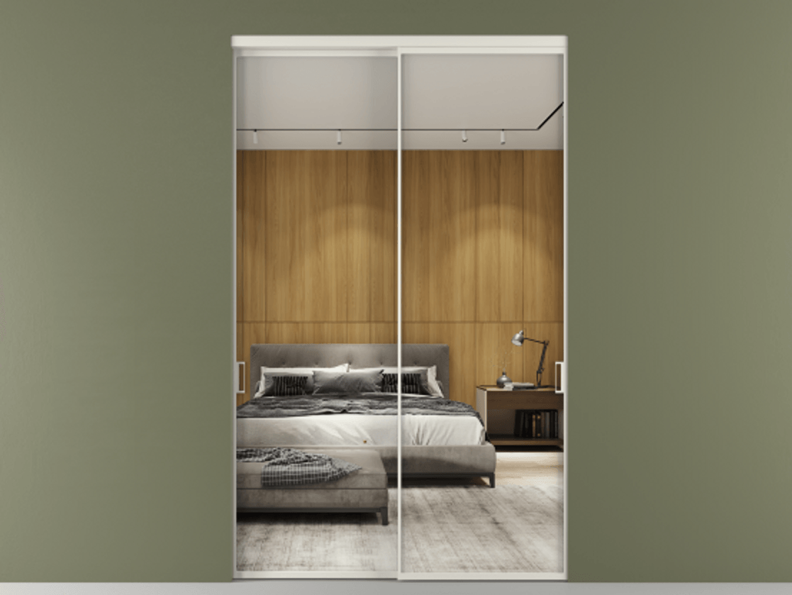 Перегородка Formato внутри проёма двустворчатая АЛПР 040.01 Алюминий Белый Двустороннее зеркало, триплекс , триплекс 6 мм Цена 197560 ₽  | Volhovec