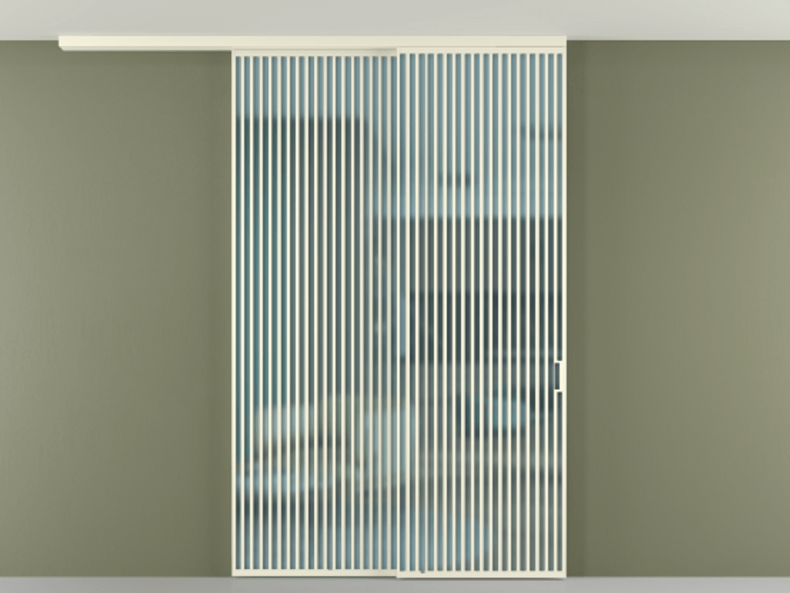 Перегородка Formato вдоль стены на потолок 2 створки с синхронным механизмом АЛПР 040.06 Алюминий молочно-белый Сатинированное голубое стекло, триплекс Цена 474560 ₽ | Volhovec