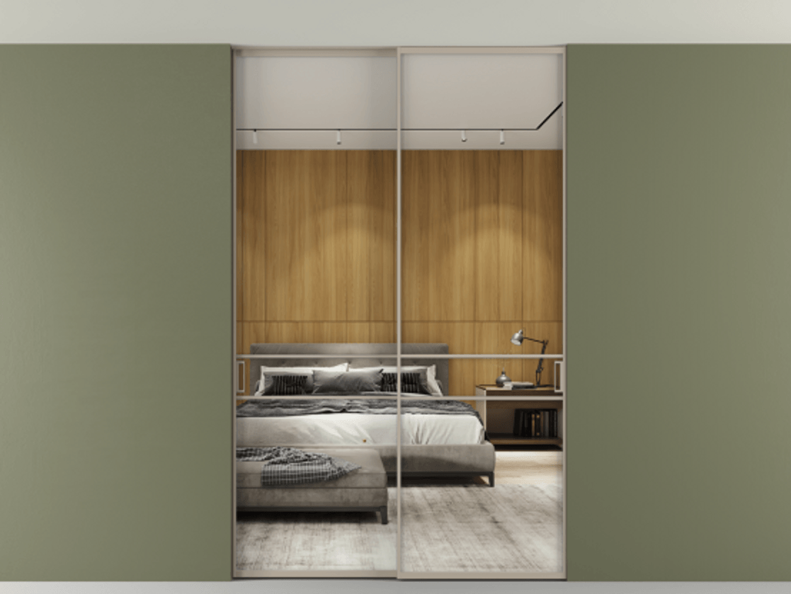 Перегородка Formato внутри проёма двустворчатая со скрытым креплением в потолок АЛПР 040.02 Алюминий бисквитный Двустороннее зеркало, триплекс 6 мм, триплекс 6 мм Цена 300150 ₽ | Volhovec