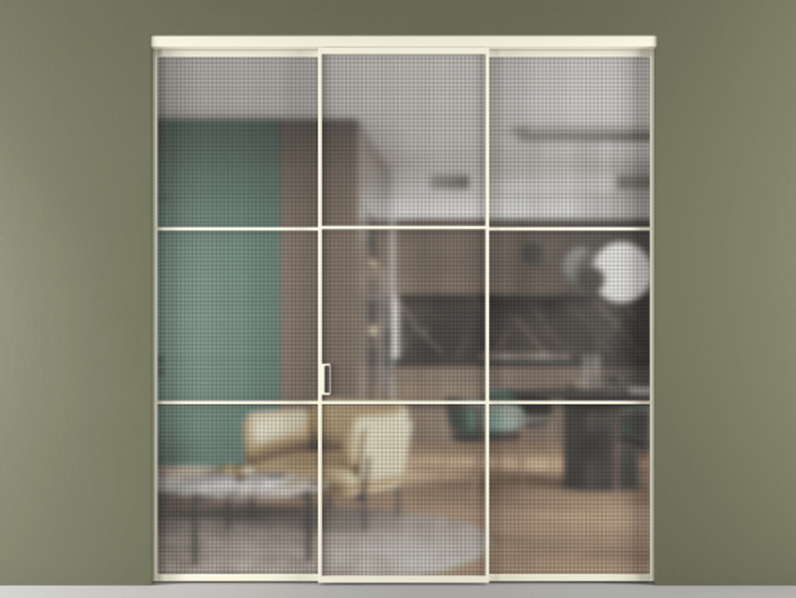 Перегородка Formato внутри проёма 3 створки АЛПР 040.03 Алюминий молочно-белый Декоративное стекло с сеткой "Mesh silver", триплекс Цена 294510 ₽ | Volhovec