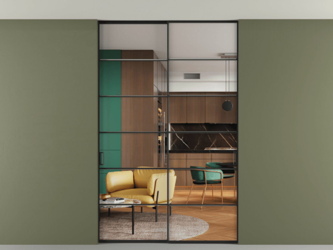 Перегородка Формато внутри проёма скрытое крепление в потолок 2 створки АЛПР 040.04 Алюминий Черный Прозрачное стекло "Кристал Вижн", калёное Цена 345270 ₽ | Volhovec