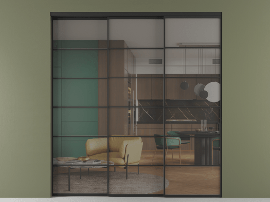 Перегородка Формато внутри проёма 3 створки с синхронным механизмом АЛПР 040.04 Алюминий Черный Прозрачное серое стекло, триплекс Цена 381000 ₽  | Volhovec