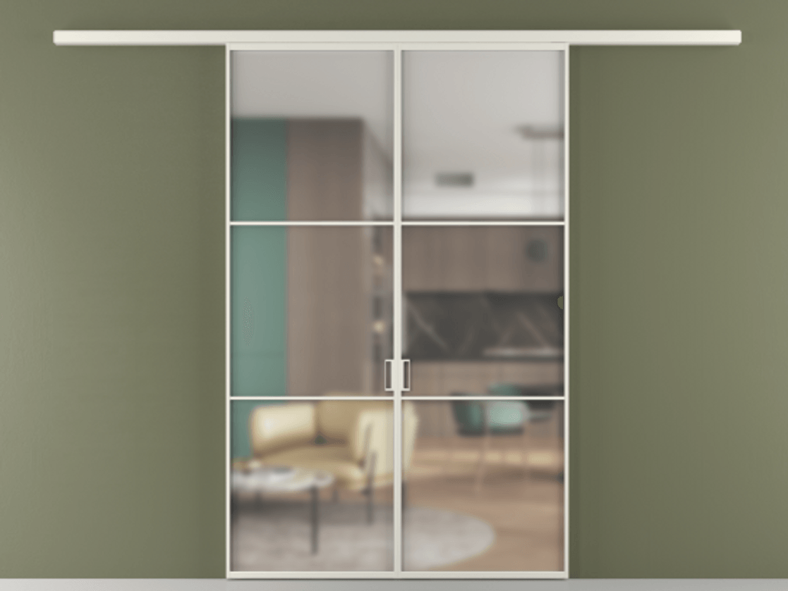 Перегородка Формато вдоль стены 2 створки АЛПР 040.03 Алюминий Белый Сатинированное стекло "Мателюкс Кристал Вижн", калёное, матовое, каленое 6 мм Цена 228690 ₽ | Volhovec