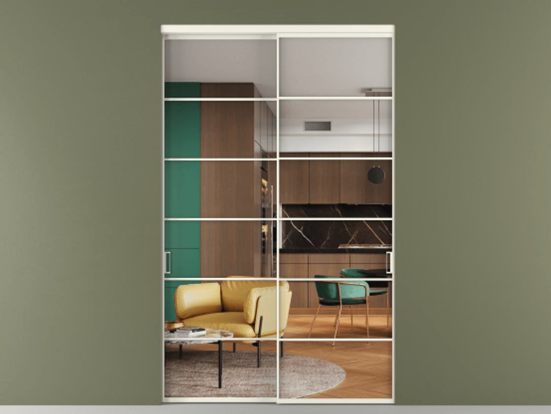 Перегородка Formato внутри проёма 2 створки АЛПР 040.04 Алюминий жемчужный Прозрачное стекло "Crystal Vision", калёное Цена 543290 ₽  | Volhovec