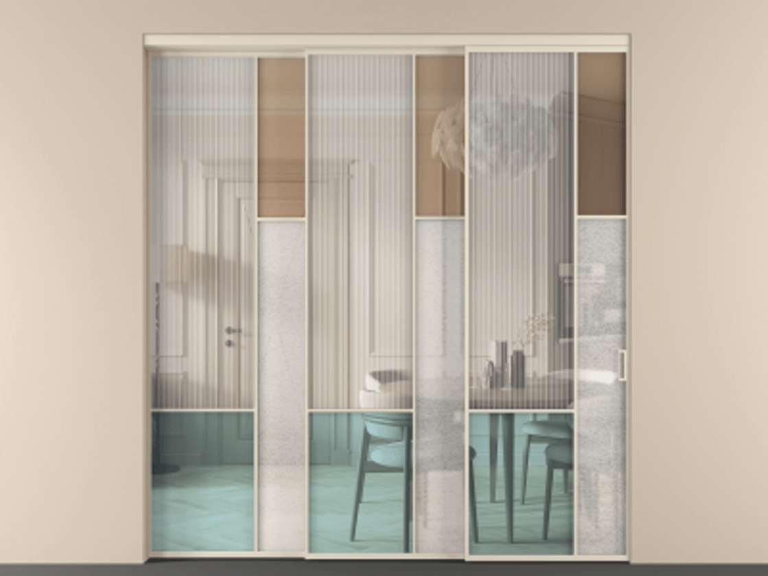 Перегородка Mosaic внутри проёма 3 створки с синхронным механизмом АЛПР 041.12 Алюминий бежево-серый Комбинация стекол Группы 1 и Группы 3 Цена 500930 ₽ | Volhovec