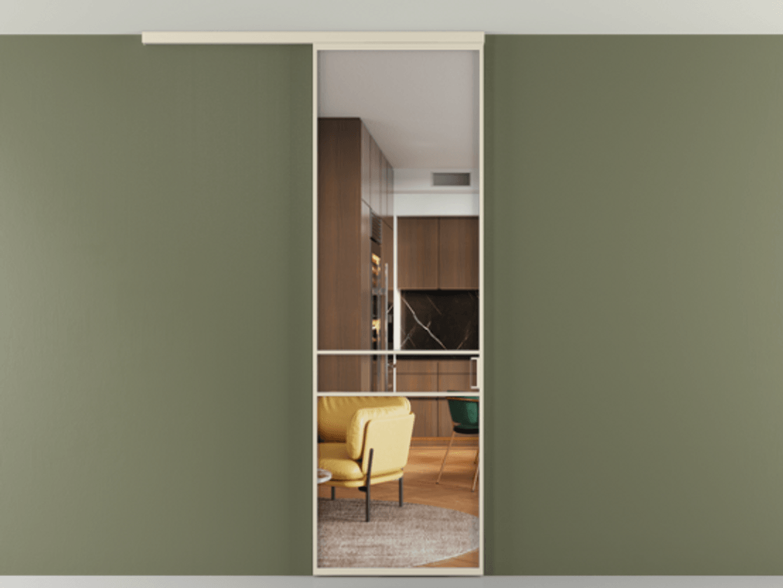 Перегородка Формато вдоль стены на потолок 1 створка АЛПР 040.02 Алюминий бежево-серый Прозрачное стекло "Кристал Вижн", калёное Цена 138060 ₽ | Volhovec