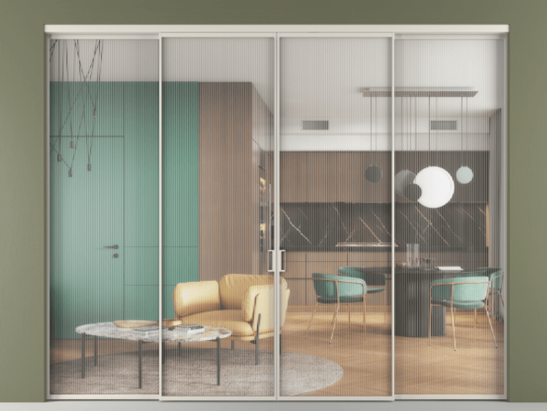 Перегородка Формато внутри проёма 4 створки АЛПР 040.01 Алюминий облачно-серый Рифлёное стекло "Мору", триплекс Цена 362890 ₽  | Volhovec