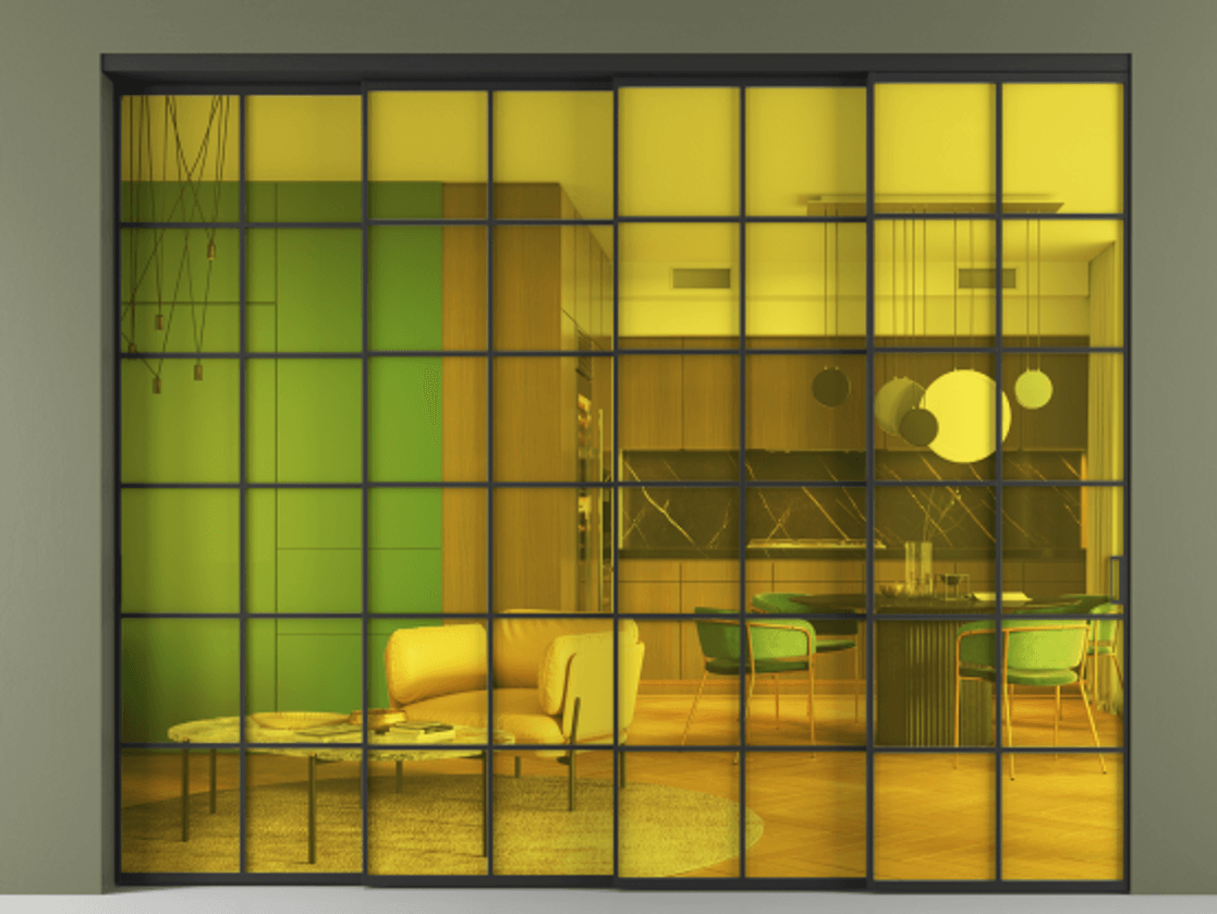 Перегородка Formato внутри проёма 4 створки с синхронным механизмом АЛПР 040.05 Алюминий Черный Прозрачное жёлтое стекло, триплекс Цена 512360 ₽ | Volhovec