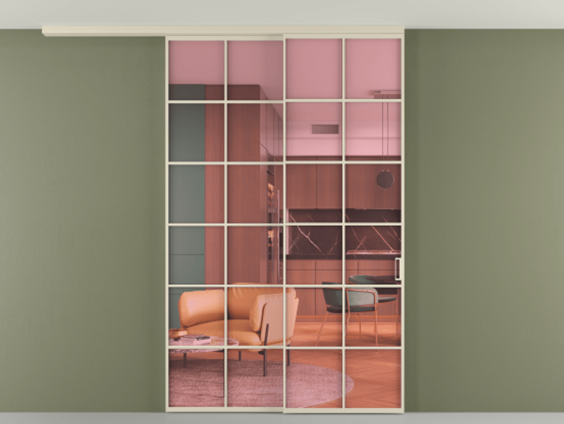 Перегородка Formato вдоль стены на потолок 2 створки с синхронным механизмом АЛПР 040.05 Алюминий бежево-серый Прозрачное розовое стекло, триплекс Цена 361000 ₽ | Volhovec