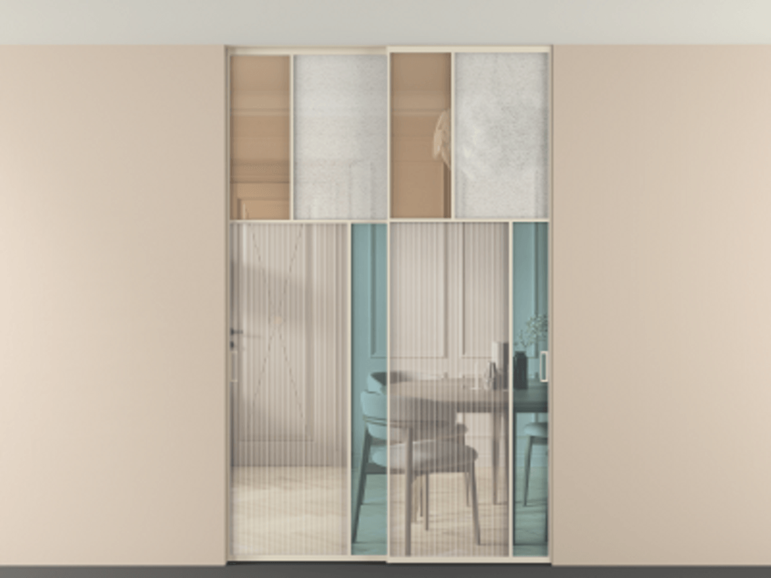 Перегородка Mosaic внутри проёма скрытое крепление в потолок 2 створки АЛПР 041.23 Алюминий бежево-серый Комбинация стекол Группы 1 и Группы 3 Цена 370240 ₽ | Volhovec