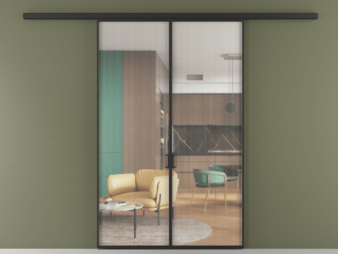 Перегородка Formato вдоль стены 2 створки АЛПР 040.01 Алюминий Черный Рифлёное стекло "Moru", триплекс Цена 219540 ₽ | Volhovec