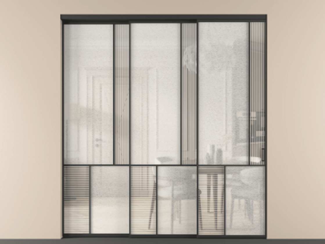 Перегородка Mosaic внутри проёма 3 створки с синхронным механизмом АЛПР 041.21 Алюминий Черный Рифлёное стекло "Дюна", триплекс, 6 мм + Фактурное стекло "Лёд", триплекс Цена 485180 ₽ | Volhovec