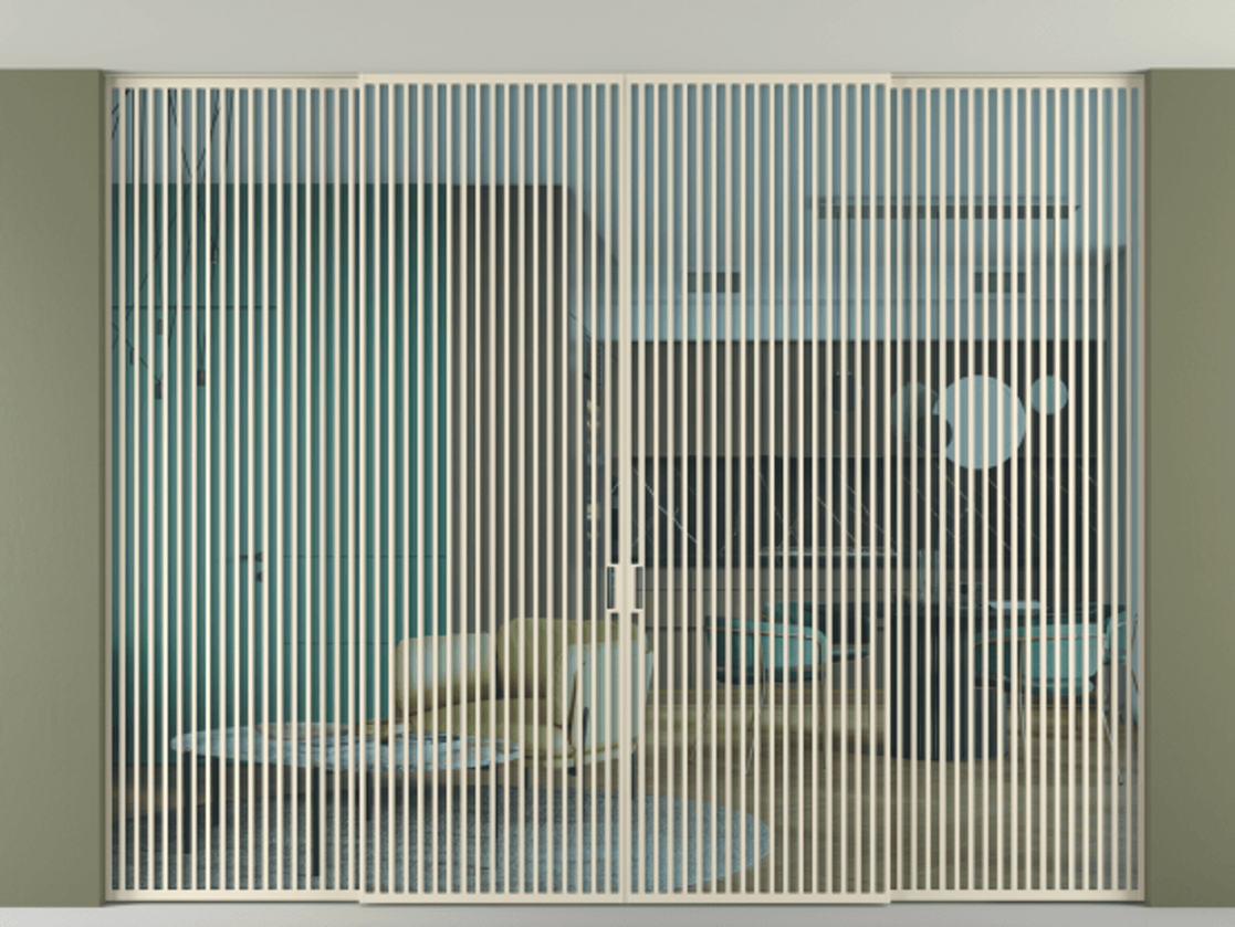 Межкомнатная дверь New Перегородка Formato внутри проёма четырёхстворчатая со скрытым креплением в потолок АЛПР 040.06 Алюминий бежево-серый Прозрачное голубое стекло, триплекс, 6мм Цена 883520  | Volhovec