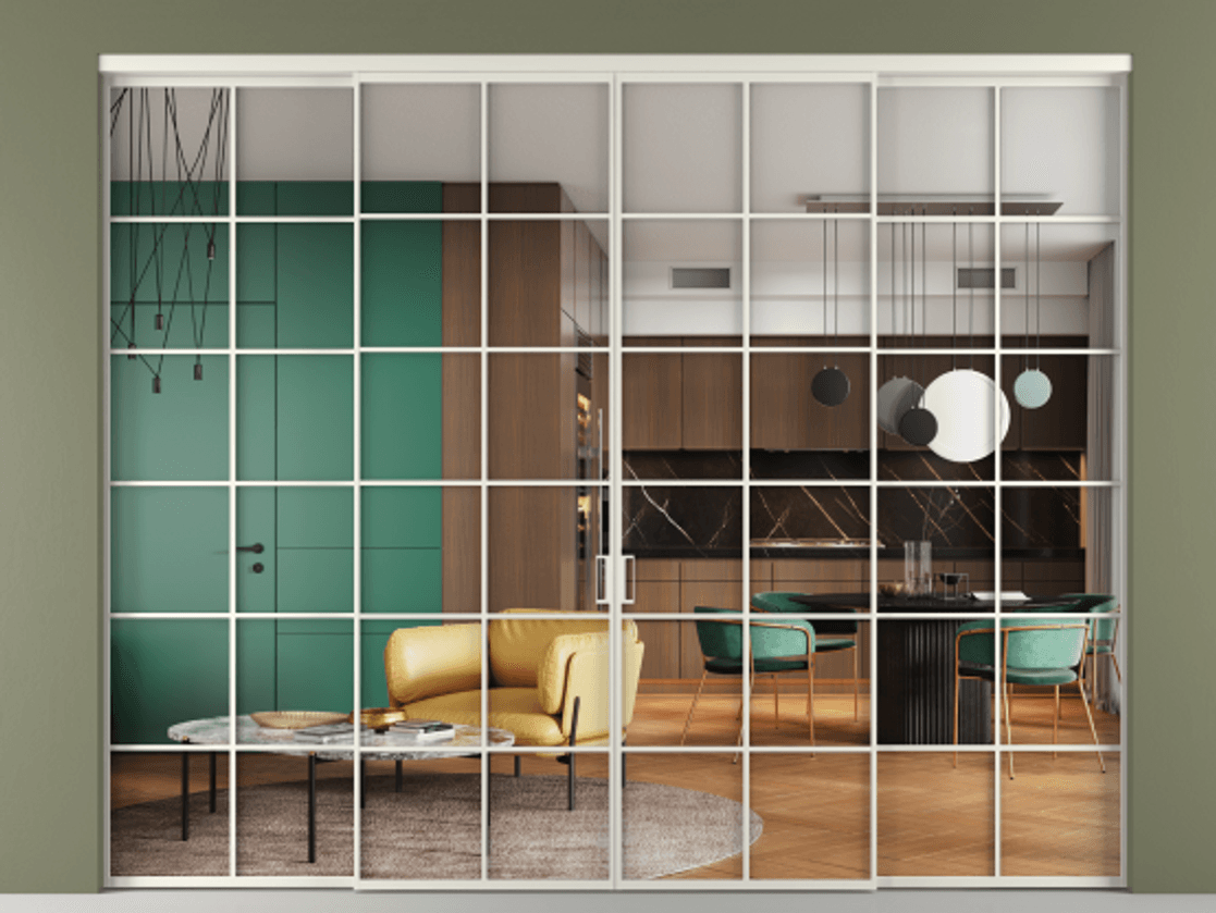 Перегородка Formato внутри проёма 4 створки АЛПР 040.05 Алюминий Белый Прозрачное стекло "Crystal Vision", калёное Цена 487080 ₽  | Volhovec