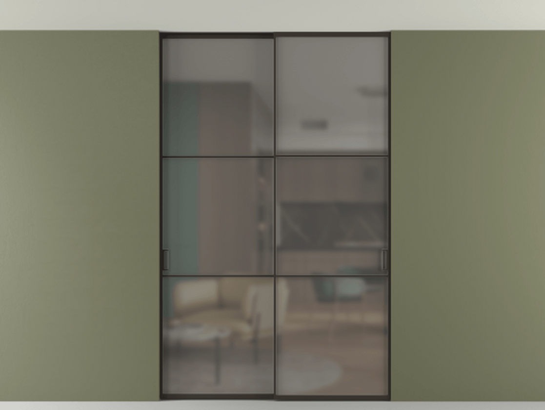 Перегородка Формато внутри проёма скрытое крепление в потолок 2 створки АЛПР 040.03 Алюминий антрацит Сатинированное серое стекло, триплекс Цена 273040 ₽ | Volhovec