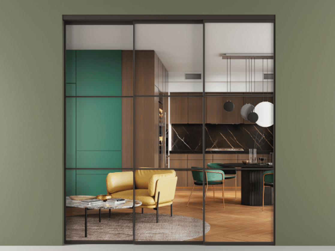 Перегородка Formato внутри проёма 3 створки с синхронным механизмом АЛПР 040.03 Алюминий антрацит Прозрачное стекло "Crystal Vision", калёное Цена 454960 ₽  | Volhovec