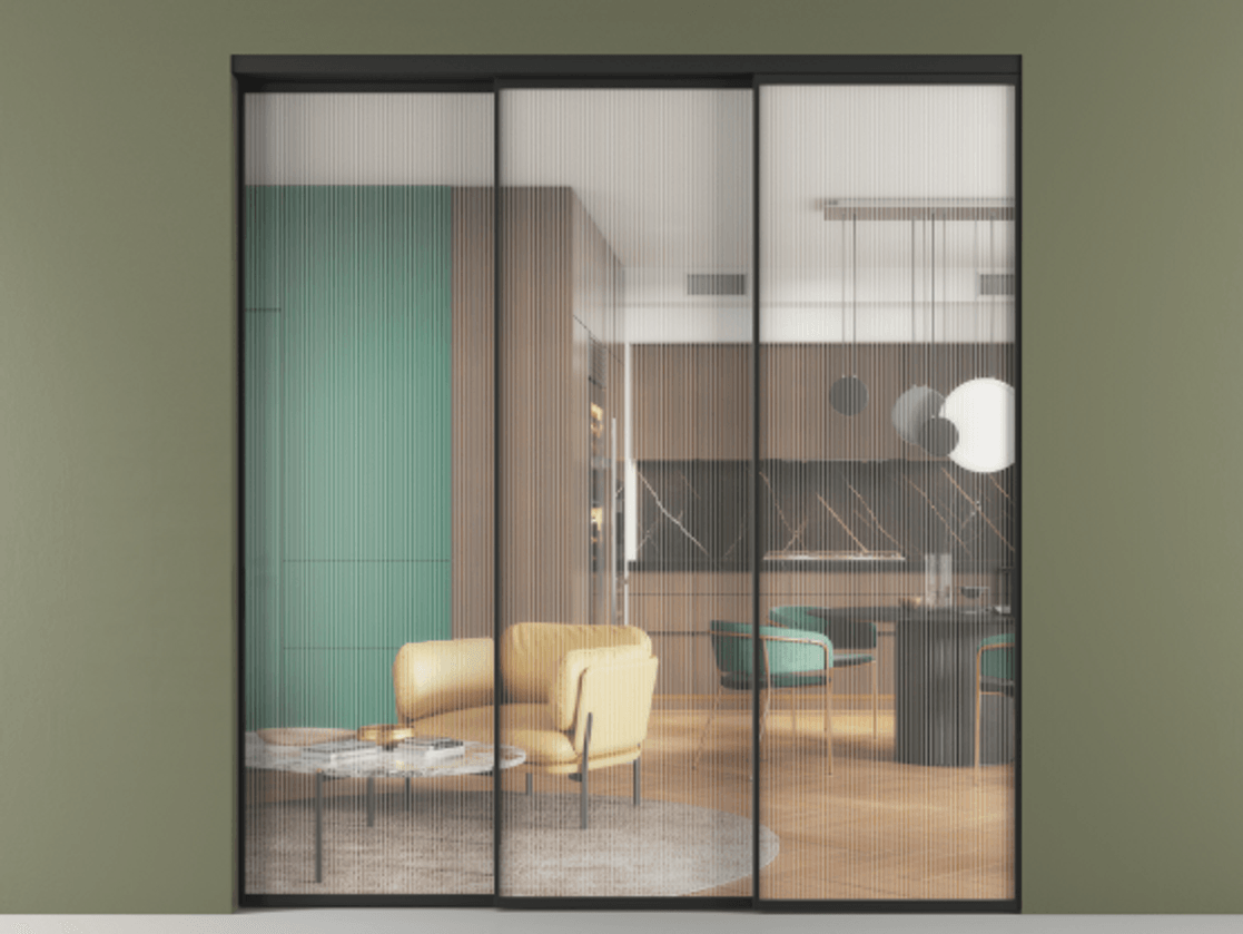 Перегородка Формато внутри проёма 3 створки с синхронным механизмом АЛПР 040.01 Алюминий Черный Рифлёное стекло "Мору", триплекс Цена 417890 ₽  | Volhovec