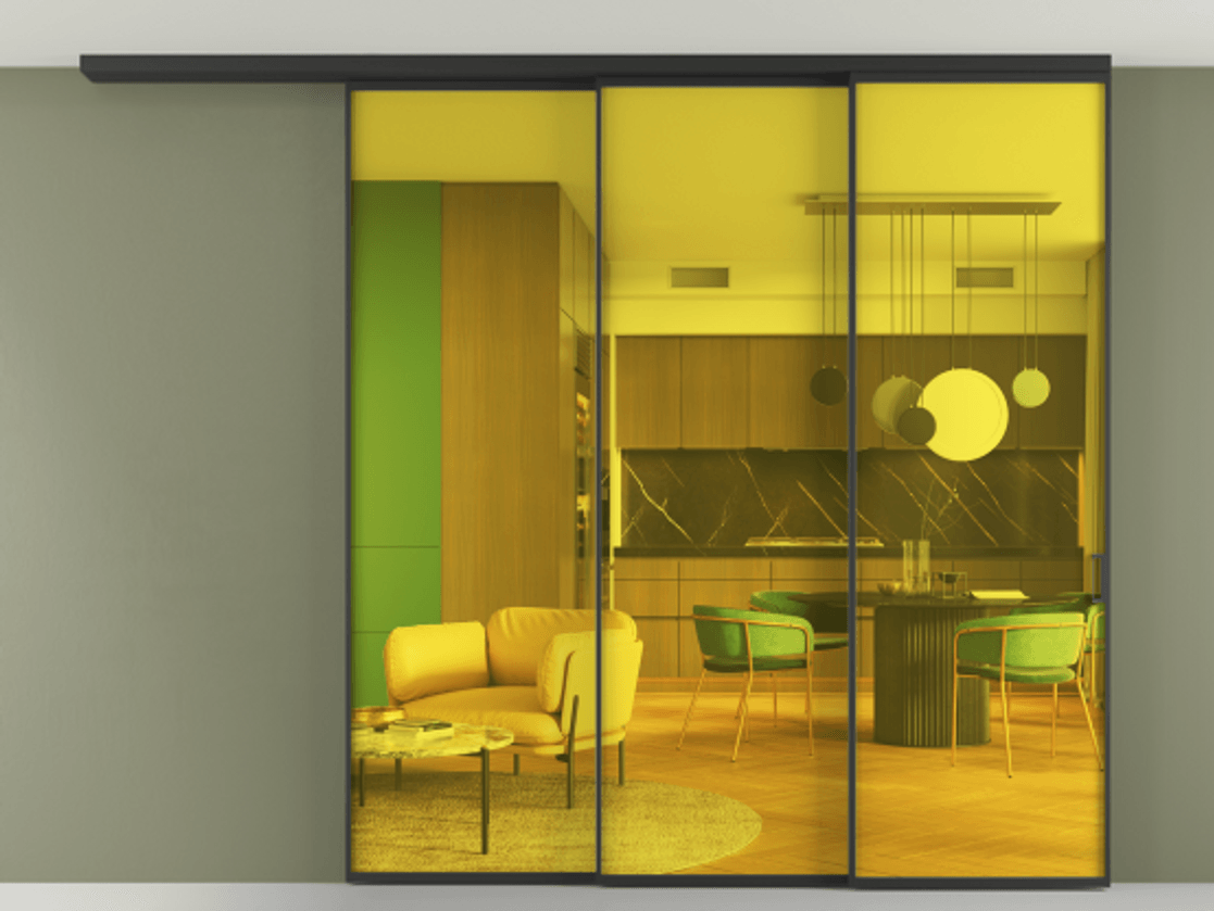 Перегородка Formato вдоль стены на потолок 3 створки с синхронным механизмом АЛПР 040.01 Алюминий Черный Прозрачное жёлтое стекло, триплекс Цена 400000 ₽ | Volhovec