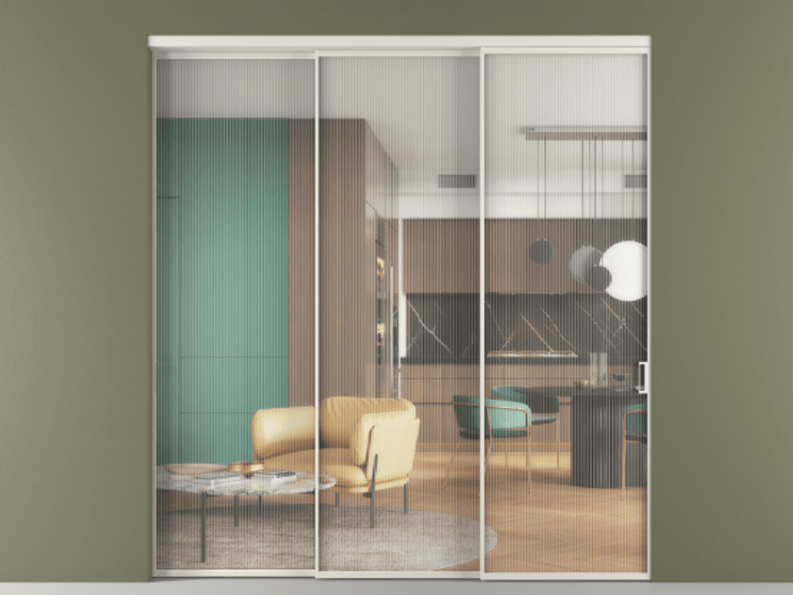 Перегородка Formato внутри проёма телескопик синхро 2 АЛПР 040.01 Алюминий Белый Рифлёное стекло "Moru", триплекс Цена 395450 ₽  | Volhovec