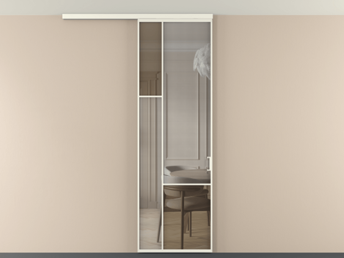 Перегородка Mosaic вдоль стены на потолок 1 створка АЛПР 041.13 Алюминий жемчужный Декоративное стекло с сеткой "Mesh silver", триплекс, 6 мм + Прозрачное бронзовое стекло, триплекс Цена 155140 ₽ | Volhovec