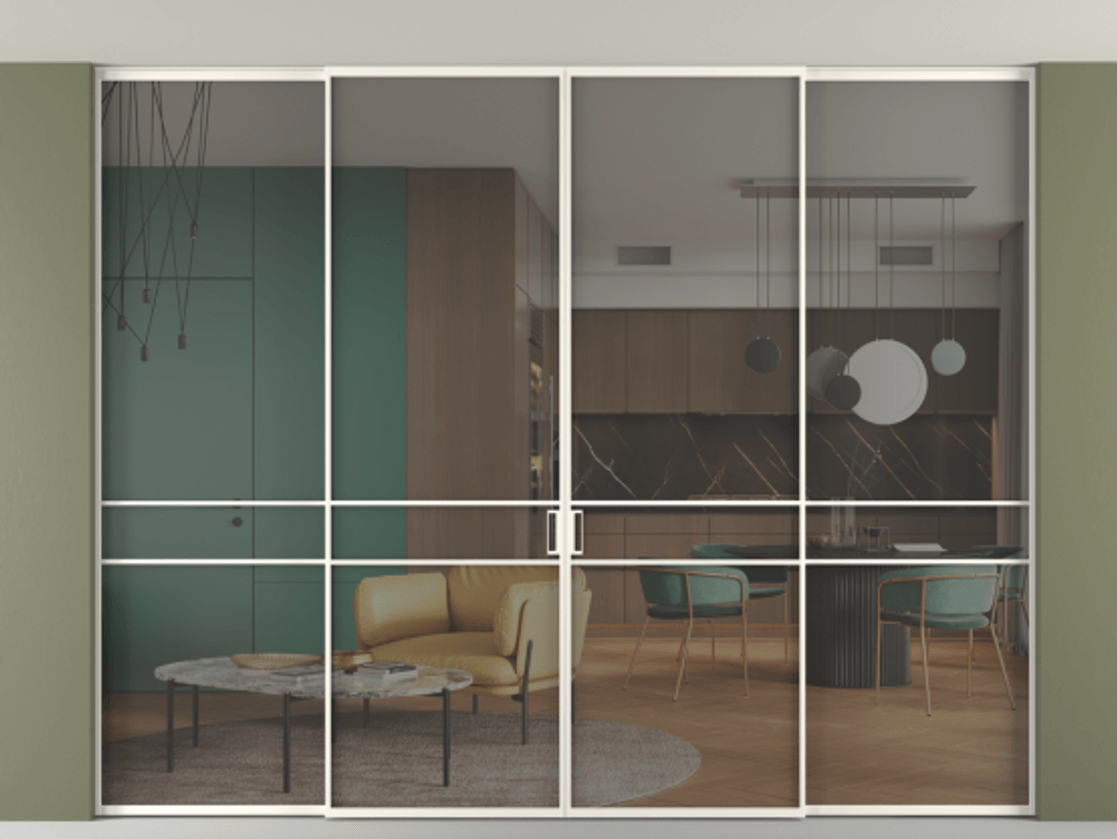 Перегородка Formato внутри проёма скрытое крепление в потолок 4 створки АЛПР 040.02 Алюминий пудровый белый Прозрачное серое стекло, триплекс Цена 575450 ₽ | Volhovec