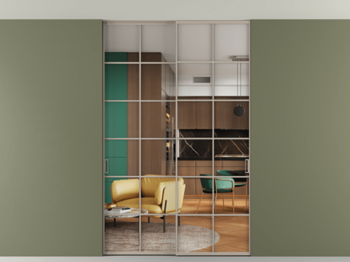 Перегородка Formato внутри проёма скрытое крепление в потолок 2 створки АЛПР 040.05 Алюминий бисквитный Прозрачное стекло "Crystal Vision", калёное Цена 354950 ₽ | Volhovec