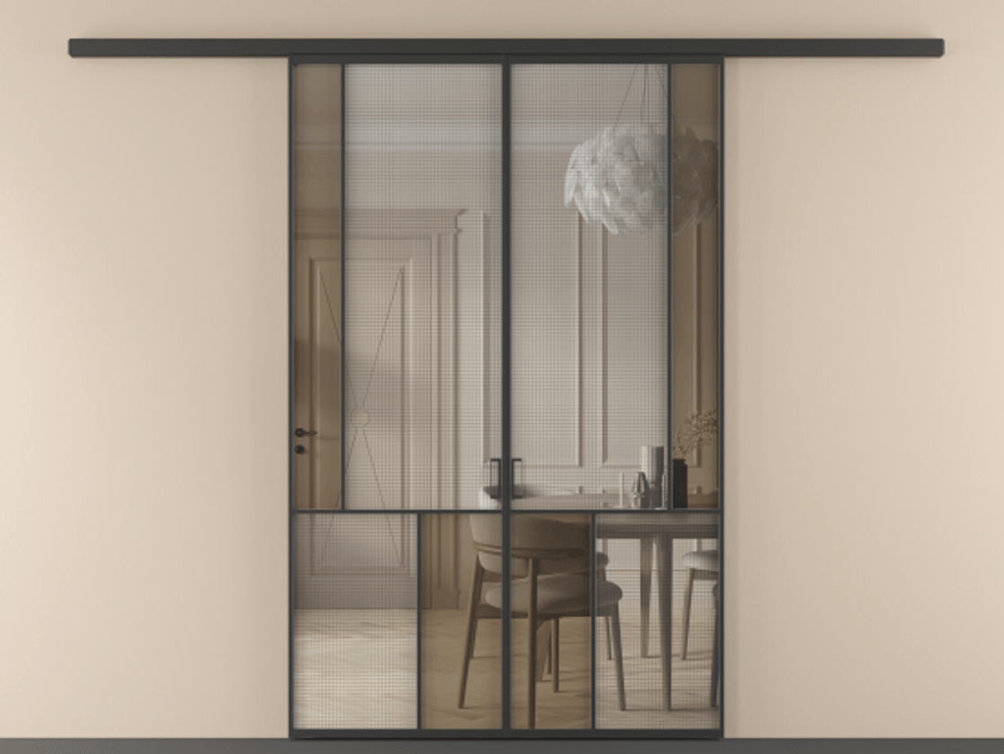 Перегородка Mosaic вдоль стены 2 створки АЛПР 041.21 Алюминий Черный Декоративное стекло с сеткой "Mesh silver", триплекс, 6 мм + Прозрачное бронзовое стекло, триплекс Цена 292690 ₽ | Volhovec