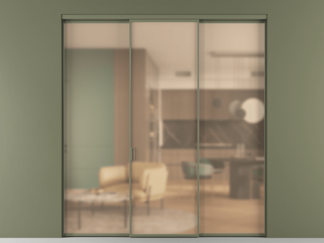 Перегородка Formato внутри проёма 3 створки АЛПР 040.01 Алюминий оливковый тёмный Сатинированное оранжевое стекло, триплекс Цена 247640 ₽ | Volhovec