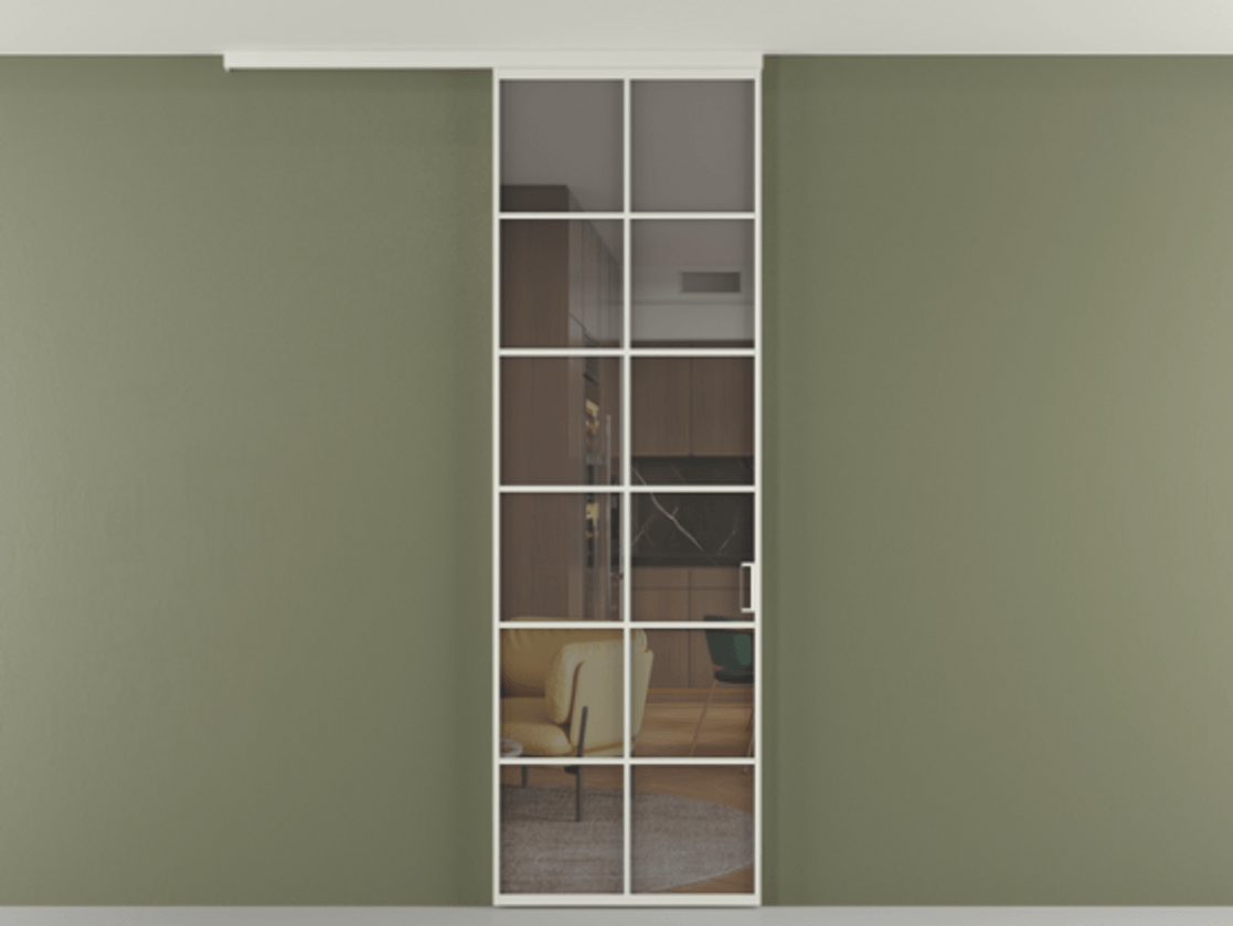 Перегородка Формато вдоль стены на потолок 1 створка АЛПР 040.05 Алюминий Белый Прозрачное серое стекло, триплекс Цена 114000 ₽ | Volhovec