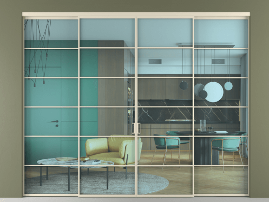 Межкомнатная дверь New Перегородка Formato внутри проёма четырёхстворчатая АЛПР 040.04 Алюминий бежево-серый Прозрачное голубое стекло, триплекс, 6мм Цена 460310  | Volhovec