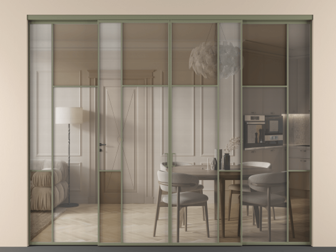 Перегородка Mosaic внутри проёма четырёхстворчатая АЛПР 041.10 Алюминий оливковый тёмный Декоративное стекло с сеткой "Mesh silver", триплекс, 6 мм + Прозрачное бронзовое стекло, триплекс Цена 504440 ₽ | Volhovec