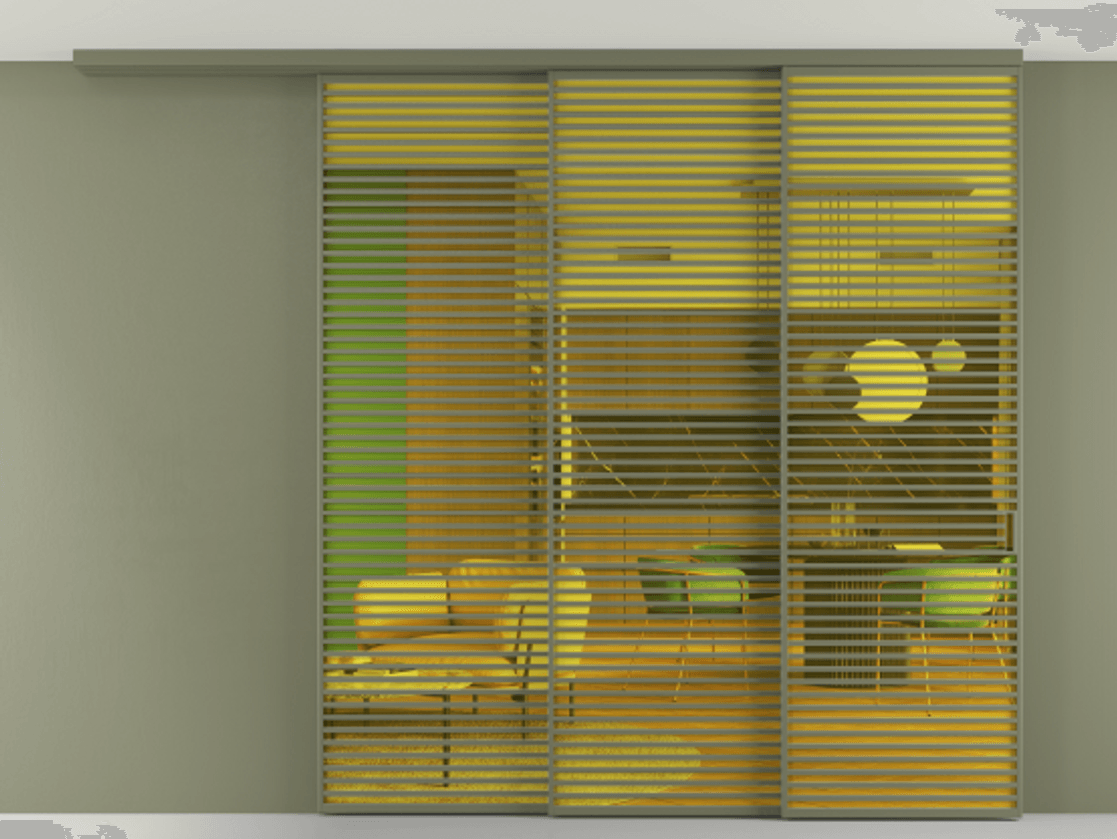 Перегородка Formato вдоль стены на потолок 3 створки с синхронным механизмом АЛПР 040.07 Алюминий оливковый тёмный Прозрачное жёлтое стекло, триплекс Цена 720590 ₽ | Volhovec