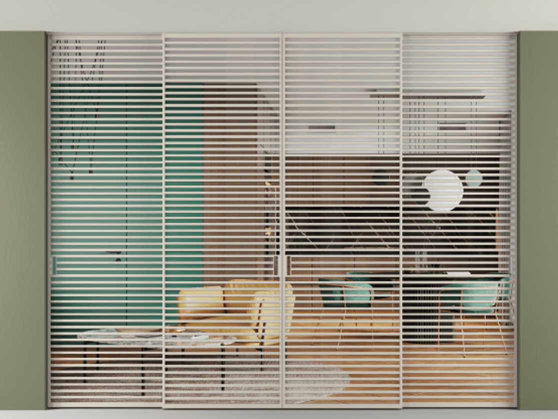 Перегородка Formato внутри проёма четырёхстворчатая со скрытым креплением в потолок АЛПР 040.07 Алюминий светло-бежевый Прозрачное стекло "Crystal Vision", калёное, 6 мм Цена 1024850 ₽ | Volhovec