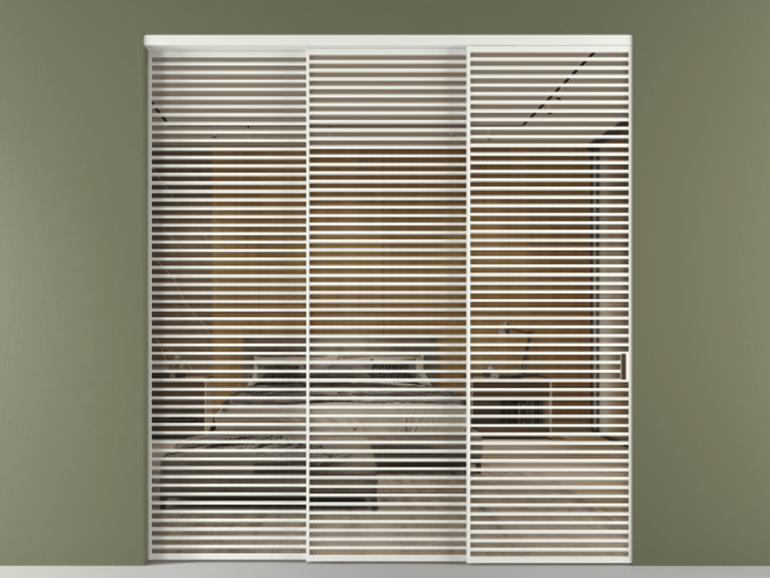 Перегородка Формато внутри проёма 3 створки с синхронным механизмом АЛПР 040.07 Алюминий светло-серый Рефлективное бронзовое стекло "Стопсол", калёное Цена 658830 ₽  | Volhovec