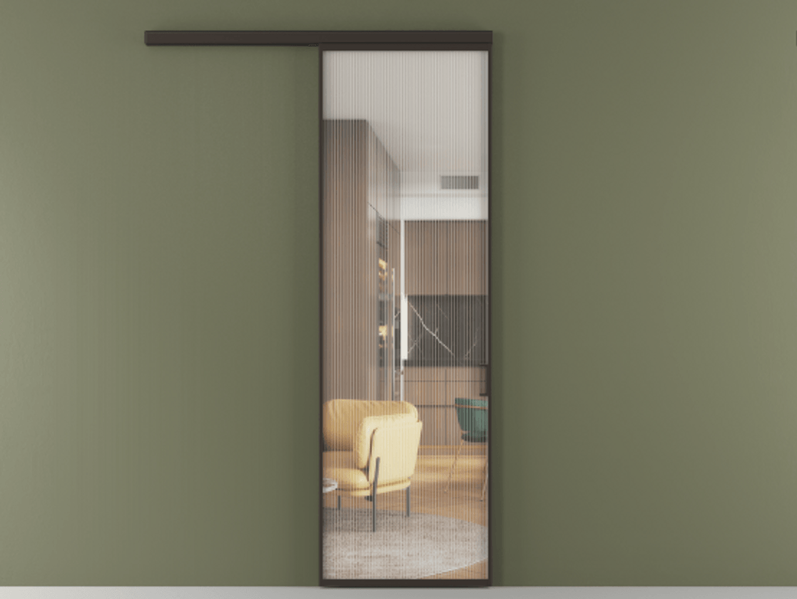 Перегородка Formato вдоль стены одностворчатая АЛПР 040.01 Алюминий антрацит Рифлёное стекло "Moru", триплекс, 8 мм Цена 128700 ₽  | Volhovec