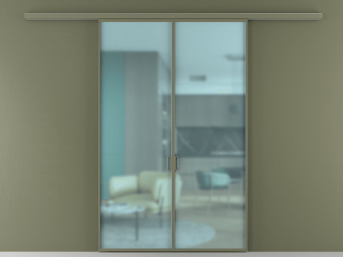 Перегородка Formato вдоль стены 2 створки АЛПР 040.01 Алюминий оливковый тёмный Сатинированное голубое стекло, триплекс Цена 206090 ₽ | Volhovec