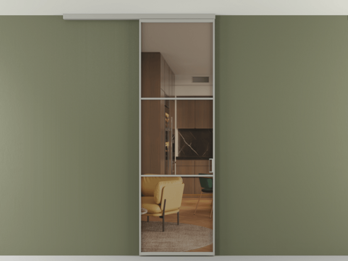 Перегородка Формато вдоль стены на потолок 1 створка АЛПР 040.03 Алюминий нейтральный серый Прозрачное бронзовое стекло, триплекс Цена 129260 ₽ | Volhovec