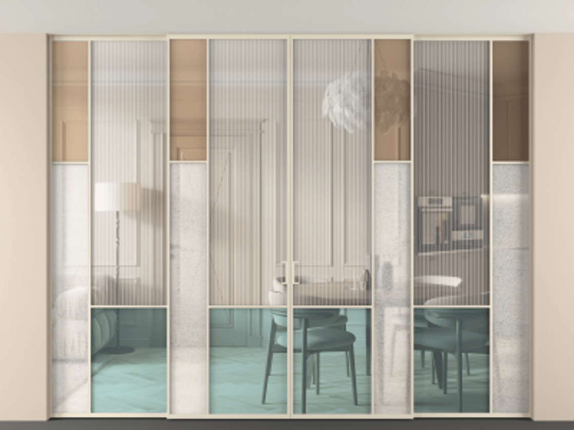 Перегородка Mosaic внутри проёма скрытое крепление в потолок 4 створки АЛПР 041.12 Алюминий бежево-серый Комбинация стекол Группы 1 и Группы 3 Цена 678990 ₽ | Volhovec