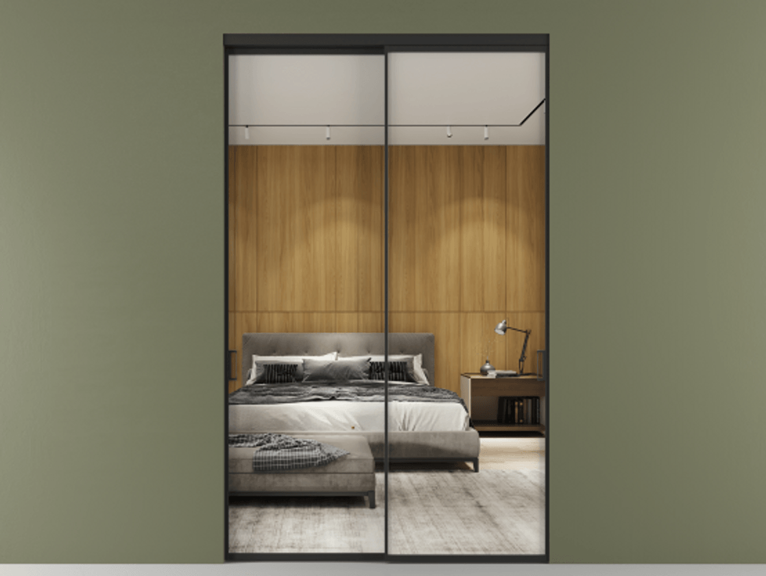 Перегородка Formato внутри проёма двустворчатая АЛПР 040.01 Алюминий Черный Двустороннее зеркало, триплекс 6 мм, триплекс 6 мм Цена 197560 ₽  | Volhovec