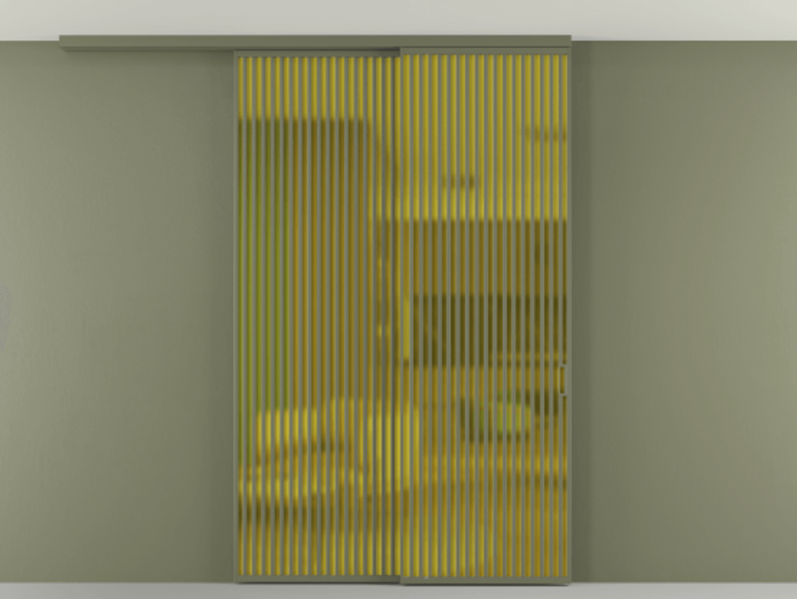 Перегородка Formato вдоль стены на потолок 2 створки с синхронным механизмом АЛПР 040.06 Алюминий оливковый тёмный Сатинированное жёлтое стекло, триплекс Цена 474560 ₽ | Volhovec