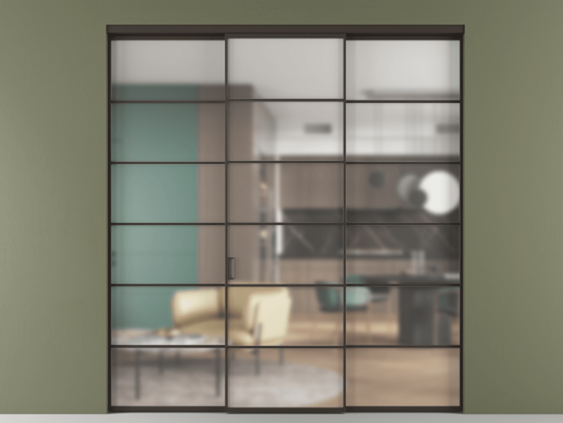 Перегородка Formato внутри проёма 3 створки АЛПР 040.04 Алюминий антрацит Сатинированное стекло "Matelux Crystal Vision", калёное, матовое, каленое 6 мм Цена 375100 ₽ | Volhovec