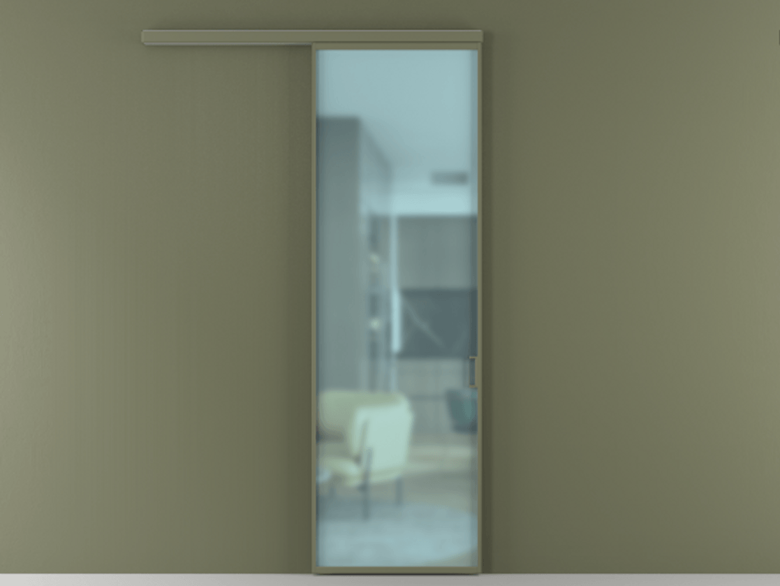 Перегородка Formato вдоль стены 1 створка АЛПР 040.01 Алюминий оливковый тёмный Сатинированное голубое стекло, триплекс Цена 108100 ₽  | Volhovec